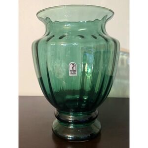 Pilgrim Glass Emerald Green Optic Ribbed Vase Handmade USA Vintage 9.5 Inch